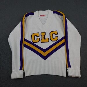 Vintage Varsity Cheerleader Sweater Womens Small White Purple Gold CLC V Neck